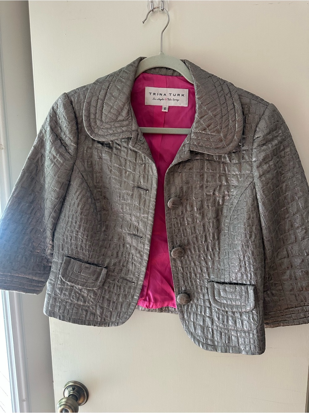 Trina Turk Silver Quilted Cropped Blazer with Pink Lining